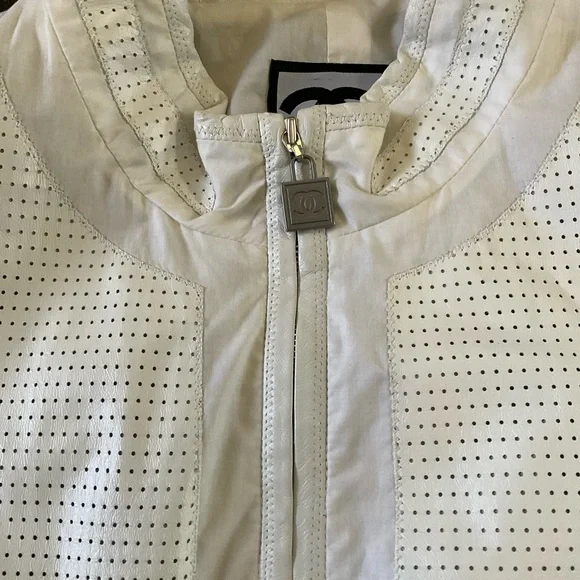 Chanel White Size 8-10 Perforated Leather Bomber Jacket Branded Back Stripe